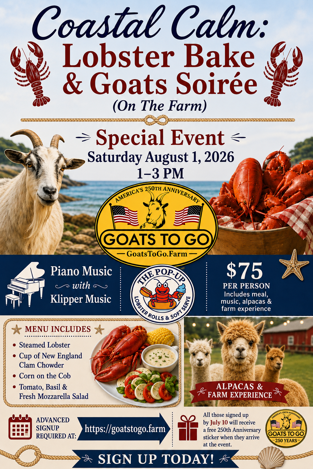 lobster bake onthe farm with alpacas and baby goats